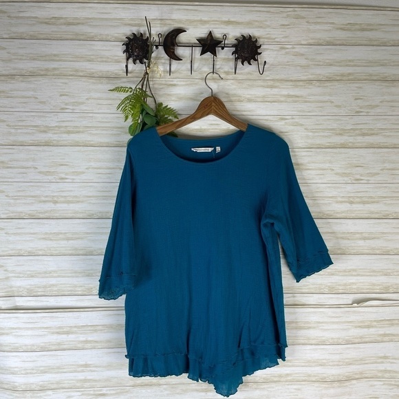 Soft Surroundings Teal Lettuce Hem Layered Gauzy Cotton Tee - Picture 1 of 6